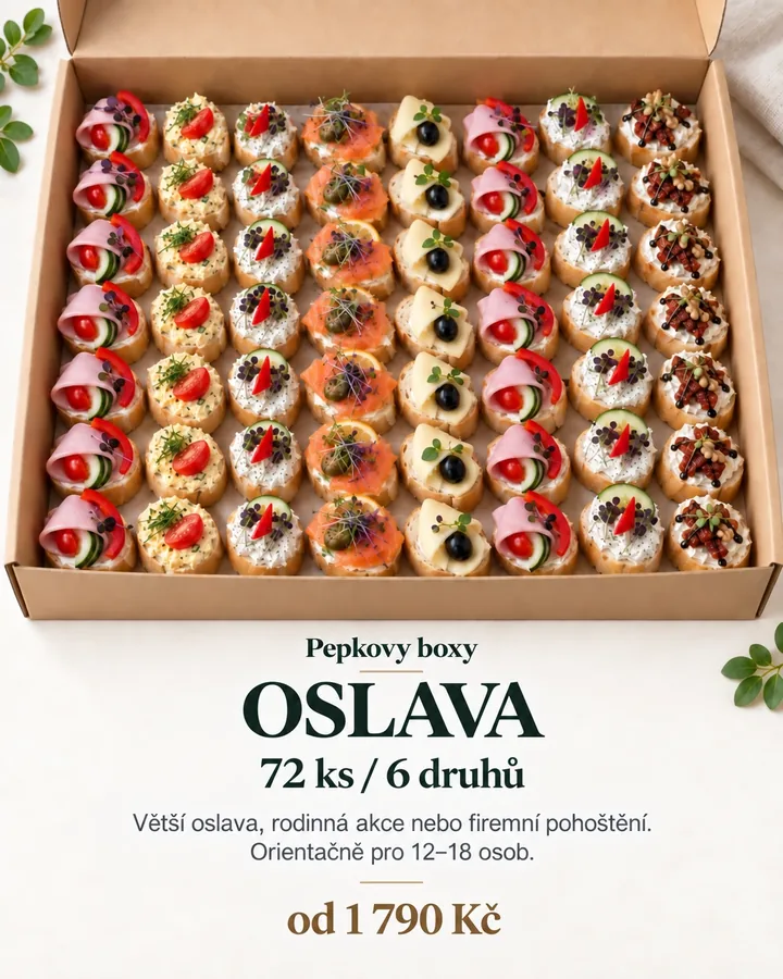 Pepkovy boxy OSLAVA – 72 kusů, 6 druhů, pro 12 až 18 osob, od 1 790 Kč